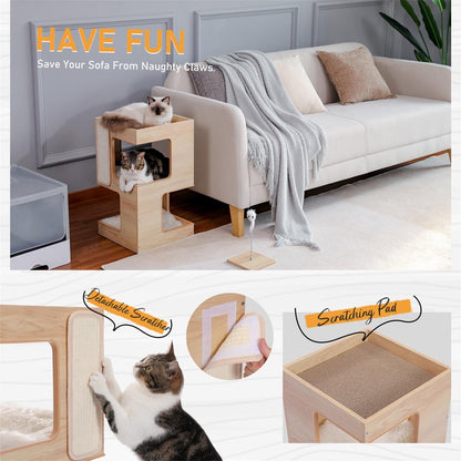 23" Wood Cat House Furniture for Indoor Cats, Modern Cat Tree Tower Bed with Free Cat Toy, Scratching Pad and Removable Soft Mats, Small Cat Condo, Beige