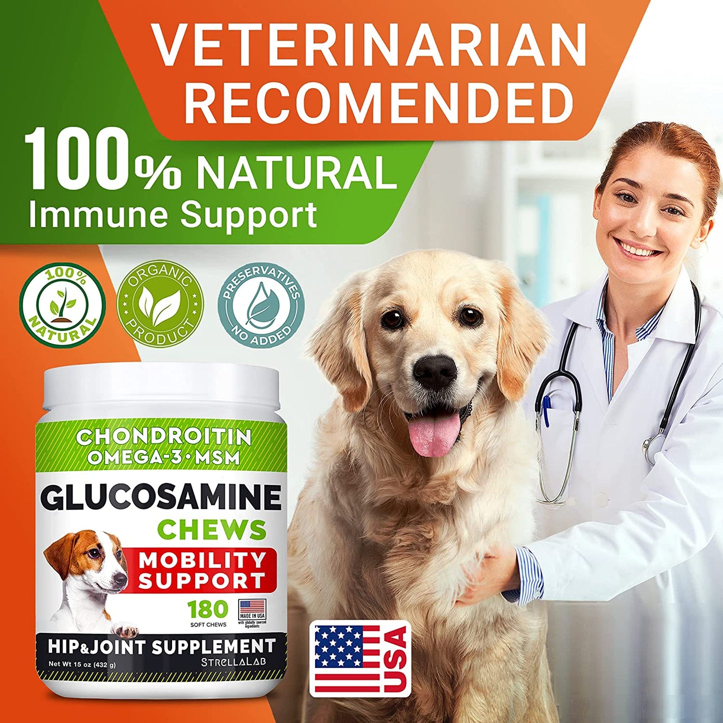 Glucosamine Treats for Dogs - Joint Supplement W/Omega-3 Fish Oil - Chondroitin, MSM - Advanced Mobility Chews - Joint Pain Relief - Hip & Joint Care - Chicken Flavor - Made in USA