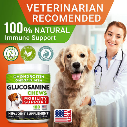 Glucosamine Treats for Dogs - Joint Supplement W/Omega-3 Fish Oil - Chondroitin, MSM - Advanced Mobility Chews - Joint Pain Relief - Hip & Joint Care - Chicken Flavor - Made in USA