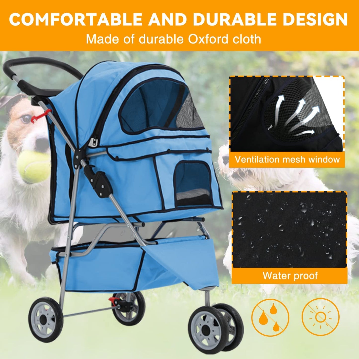 Folding Dog Stroller, 3 Wheels Pet Strollers Pet Gear for Small Medium Cats Dogs Puppy with Storage Basket, Cup Holder,Lightweight Blue 35.04Inchx17.32Inchx38.58Inch